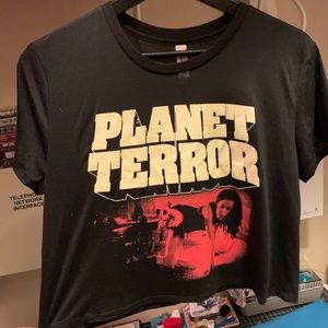 WOMENS MEDIUM QUETIN TARANTINO PLANET TERROR BLACK CROP TOP PENTAGRAM PETER PAN